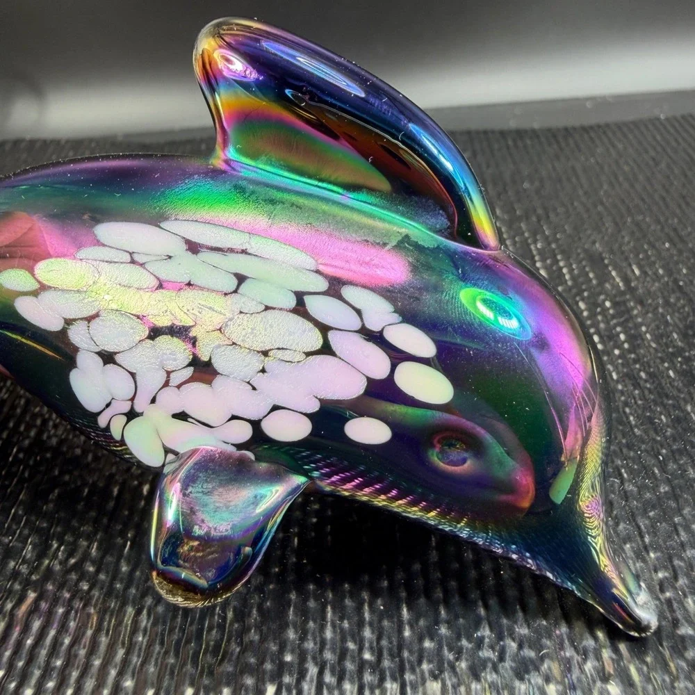 Pele of Hawaii Glass‎ Iridescent Dolphin Figurine Carnival Glass White Spotted